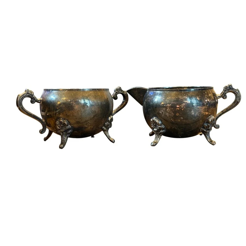 Vintage Silver Plated Ornate Footed Creamer and Sugar Bowl Set Patina Victorian